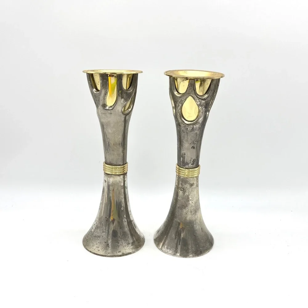 Vintage Tree of Life Mixed Metal Candlesticks Silver Gold‎ Tone Set of 2 8
